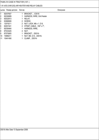 Ссылка Номер детали Кол-во Описание
D5516 After Date 13 September 2006
PUMA 210 CASE IH TRACTOR (1/07- )
1.91.4/03 (VAR.203) AIR HEATER AND RELAY CABLES
1 82037657 1 BRACKET, , -C5516
2 82036889 1 HARNESS, WIRE, Grid Heater
3 82022813 1 RELAY,
4 83998908 2 SCREW,
5 12574211 2 NUT, LOCK, M6 x 1, Cl 8,
6 82001041 2 STRAP, CABLE, .190" x 7",
7 82036464 1 HARNESS, WIRE,
8 87533425 4 NUT,
9 87570805 1 BRACKET, , D5516-
10 15896211 1 NUT, M6, Cl 8, , D5516-
11 10441490 1 CLAMP, , D5516-
 