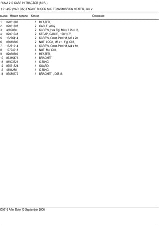 Ссылка Номер детали Кол-во Описание
D5516 After Date 13 September 2006
PUMA 210 CASE IH TRACTOR (1/07- )
1.91.4/07 (VAR. 382) ENGINE BLOCK AND TRANSMISSION HEATER, 240 V
1 82031306 1 HEATER,
2 82031307 2 CABLE, Assy
3 4899068 2 SCREW, Hex Flg, M8 x 1.25 x 16,
4 82001041 2 STRAP, CABLE, .190" x 7",
5 13276414 2 SCREW, Cross Pan Hd, M6 x 20,
6 86619800 2 NUT, LOCK, M6 x 1, Flg, Cl 8,
7 13271914 4 SCREW, Cross Pan Hd, M4 x 10,
8 10794011 4 NUT, M4, Cl 8,
9 82030789 1 HEATER,
10 87315478 1 BRACKET,
11 81903721 1 O-RING,
12 87571524 1 GUARD,
13 4891258 1 O-RING,
14 87585672 1 BRACKET, , D5516-
 