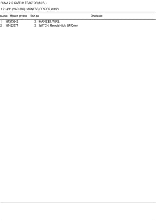 Ссылка Номер детали Кол-во Описание
PUMA 210 CASE IH TRACTOR (1/07- )
1.91.4/11 (VAR. 886) HARNESS, FENDER W/HPL
1 87313642 2 HARNESS, WIRE,
2 87452577 2 SWITCH, Remote Hitch, UP/Down
 