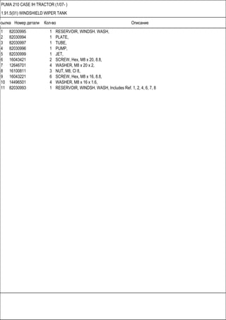 Ссылка Номер детали Кол-во Описание
PUMA 210 CASE IH TRACTOR (1/07- )
1.91.5(01) WINDSHIELD WIPER TANK
1 82030995 1 RESERVOIR, WINDSH. WASH,
2 82030994 1 PLATE,
3 82030997 1 TUBE,
4 82030996 1 PUMP,
5 82030999 1 JET,
6 16043421 2 SCREW, Hex, M8 x 20, 8.8,
7 12646701 4 WASHER, M8 x 20 x 2,
8 16100811 3 NUT, M8, Cl 8,
9 16043221 6 SCREW, Hex, M8 x 16, 8.8,
10 14496501 4 WASHER, M8 x 16 x 1.6,
11 82030993 1 RESERVOIR, WINDSH. WASH, Includes Ref. 1, 2, 4, 6, 7, 8
 