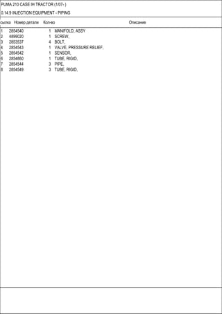 Ссылка Номер детали Кол-во Описание
PUMA 210 CASE IH TRACTOR (1/07- )
0.14.9 INJECTION EQUIPMENT - PIPING
1 2854540 1 MANIFOLD, ASSY
2 4899020 1 SCREW,
3 2853537 4 BOLT,
4 2854543 1 VALVE, PRESSURE RELIEF,
5 2854542 1 SENSOR,
6 2854860 1 TUBE, RIGID,
7 2854544 3 PIPE,
8 2854549 3 TUBE, RIGID,
 