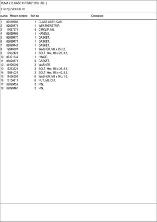 Ссылка Номер детали Кол-во Описание
PUMA 210 CASE IH TRACTOR (1/07- )
1.92.2(02) DOOR LH
1 87560786 1 GLASS ASSY, CAB,
2 82028179 1 WEATHERSTRIP,
3 11087971 4 CIRCLIP, M8,
4 82029168 1 HANDLE,
5 82029170 1 GASKET,
6 82029171 1 GASKET,
7 82029142 1 GASKET,
8 12640607 1 WASHER, M6 x 25 x 2,
9 10902421 1 BOLT, Hex, M6 x 20, 8.8,
10 87301643 1 HINGE,
11 87528178 8 GASKET,
12 44995004 2 WASHER,
13 15213321 2 BOLT, Hex, M8 x 35, 8.8,
14 16044021 2 BOLT, Hex, M8 x 40, 8.8,
15 14496501 6 WASHER, M8 x 16 x 1.6,
16 16100811 6 NUT, M8, Cl 8,
17 82029159 2 PIN,
18 82029160 2 PIN,
 