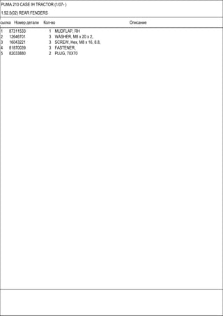 Ссылка Номер детали Кол-во Описание
PUMA 210 CASE IH TRACTOR (1/07- )
1.92.5(02) REAR FENDERS
1 87311533 1 MUDFLAP, RH
2 12646701 3 WASHER, M8 x 20 x 2,
3 16043221 3 SCREW, Hex, M8 x 16, 8.8,
4 81870039 3 FASTENER,
5 82033880 2 PLUG, 70X70
 
