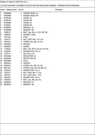 Ссылка Номер детали Кол-во Описание
PUMA 210 CASE IH TRACTOR (1/07- )
1.92.5/02 (VAR.089/1) EXTREMITY LIGHTS FOR NAR OHIO WIDE FENDERS - FENDERS AND EXTENSIONS
1 87606895 1 FENDER, REAR, LH
1 87606896 1 FENDER, REAR, RH
2 87329196 1 COVER, LH
2 87329197 1 COVER, RH
3 87383820 1 COVER, LH
3 87383821 1 COVER, RH
4 87389465 1 BRACKET, LH
4 87389466 1 BRACKET, RH
5 10902121 9 BOLT, Hex, M6 x 14, 8.8, Full Thd,
6 14496401 9 WASHER, LOCK,
7 13517021 2 STUD,
8 16104111 2 NUT, LOCK, M8 x 1.25, Cl 8,
9 16043221 3 SCREW, Hex, M8 x 16, 8.8,
10 83903813 6 SPACER,
11 83992627 1 SCREW,
12 11106221 1 BOLT, Hex, M10 x 25, 8.8, Full Thd,
13 12644301 2 WASHER, M10 x 35 x 3,
14 11701711 1 NUT, M10, Cl 8,
15 87623580 1 DEFLECTOR, LH
15 87624265 1 DEFLECTOR, RH
16 82033880 2 PLUG,
17 83903813 3 SPACER,
18 16043421 3 SCREW, Hex, M8 x 20, 8.8,
19 86511831 2 SCREW, Cross Pan Hd, M6 x 25,
20 10523401 4 WASHER, M6 x 18 x 2,
21 12574211 2 NUT, LOCK, M6 x 1, Cl 8,
22 12574211 3 NUT, LOCK, M6 x 1, Cl 8,
23 10523401 6 WASHER, M6 x 18 x 2,
24 10902421 3 BOLT, Hex, M6 x 20, 8.8,
25 82038220 1 BRACKET, LH
25 82038222 1 BRACKET, RH
 
