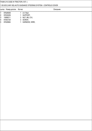 Ссылка Номер детали Кол-во Описание
PUMA 210 CASE IH TRACTOR (1/07- )
1.93.0/03 (VAR.190) AUTO GUIDANCE STEERING SYSTEM - CONTROLS COVER
1 87628509 1 LH, Rear
2 87635209 1 SUPPORT,
3 15896211 3 NUT, M6, Cl 8,
4 81853129 3 SCREW,
5 87629884 1 HARNESS, WIRE,
 