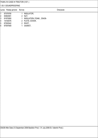 Ссылка Номер детали Кол-во Описание
D5438 After Date (12 September 2006 Basildon Prod. / 31 July 2006 St. Valentin Prod.)
PUMA 210 CASE IH TRACTOR (1/07- )
1.93.1 SOUNDPROOFING
1 87578790 1 INSULATOR,
2 83904591 2 NUT,
3 81870060 1 INSULATION, FOAM, , D5438-
4 14183576 2 PLATE, COVER,
5 87593542 2 RIVET,
6 87597809 1 GASKET,
 