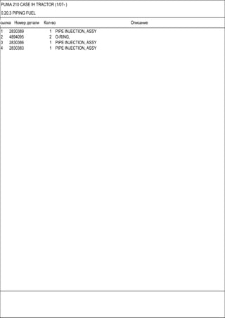 Ссылка Номер детали Кол-во Описание
PUMA 210 CASE IH TRACTOR (1/07- )
0.20.3 PIPING FUEL
1 2830389 1 PIPE INJECTION, ASSY
2 4894095 2 O-RING,
3 2830386 1 PIPE INJECTION, ASSY
4 2830383 1 PIPE INJECTION, ASSY
 