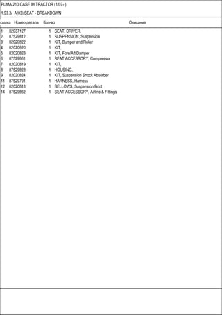 Ссылка Номер детали Кол-во Описание
PUMA 210 CASE IH TRACTOR (1/07- )
1.93.3/ A(03) SEAT - BREAKDOWN
1 82037127 1 SEAT, DRIVER,
2 87529812 1 SUSPENSION, Suspension
3 82020822 1 KIT, Bumper and Roller
4 82020820 1 KIT,
5 82020823 1 KIT, Fore/Aft Damper
6 87529861 1 SEAT ACCESSORY, Compressor
7 82020819 1 KIT,
8 87529828 1 HOUSING,
9 82020824 1 KIT, Suspension Shock Absorber
11 87529791 1 HARNESS, Harness
12 82020818 1 BELLOWS, Suspension Boot
14 87529862 1 SEAT ACCESSORY, Airline & Fittings
 
