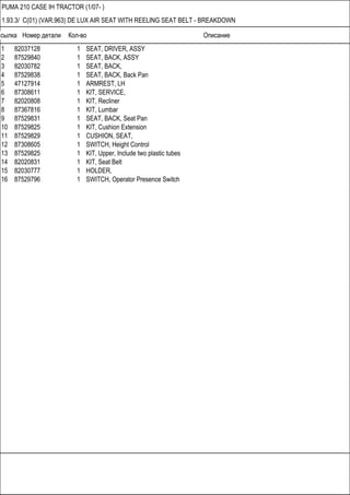 Ссылка Номер детали Кол-во Описание
PUMA 210 CASE IH TRACTOR (1/07- )
1.93.3/ C(01) (VAR.963) DE LUX AIR SEAT WITH REELING SEAT BELT - BREAKDOWN
1 82037128 1 SEAT, DRIVER, ASSY
2 87529840 1 SEAT, BACK, ASSY
3 82030782 1 SEAT, BACK,
4 87529838 1 SEAT, BACK, Back Pan
5 47127914 1 ARMREST, LH
6 87308611 1 KIT, SERVICE,
7 82020808 1 KIT, Recliner
8 87367816 1 KIT, Lumbar
9 87529831 1 SEAT, BACK, Seat Pan
10 87529825 1 KIT, Cushion Extension
11 87529829 1 CUSHION, SEAT,
12 87308605 1 SWITCH, Height Control
13 87529825 1 KIT, Upper, Include two plastic tubes
14 82020831 1 KIT, Seat Belt
15 82030777 1 HOLDER,
16 87529796 1 SWITCH, Operator Presence Switch
 