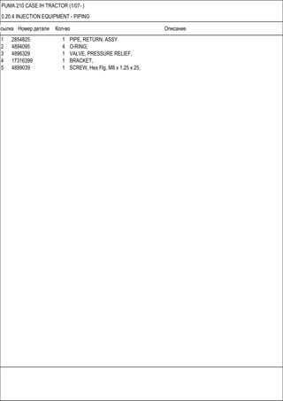Ссылка Номер детали Кол-во Описание
PUMA 210 CASE IH TRACTOR (1/07- )
0.20.4 INJECTION EQUIPMENT - PIPING
1 2854825 1 PIPE, RETURN, ASSY
2 4894095 4 O-RING,
3 4896329 1 VALVE, PRESSURE RELIEF,
4 17316399 1 BRACKET,
5 4899039 1 SCREW, Hex Flg, M8 x 1.25 x 25,
 