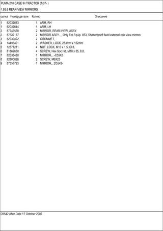Ссылка Номер детали Кол-во Описание
D5542 After Date 17 October 2006
PUMA 210 CASE IH TRACTOR (1/07- )
1.93.6 REAR-VIEW MIRRORS
1 82032643 1 ARM, RH
1 82032644 1 ARM, LH
2 87346558 2 MIRROR, REAR-VIEW, ASSY
2 87339177 2 MIRROR ASSY., , Only For Equip. 053, Shatterproof fixed external rear view mirrors
3 82039492 2 GROMMET,
4 14496401 2 WASHER, LOCK, 253mm x 152mm
5 12577211 4 NUT, LOCK, M10 x 1.5, Cl 8,
6 81869630 4 SCREW, Hex Soc Hd, M10 x 35, 8.8,
7 82036480 1 MIRROR, , -C5542
8 82880826 2 SCREW, M6X25
9 87556793 1 MIRROR, , D5542-
 