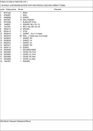 Ссылка Номер детали Кол-во Описание
With Electric Telescopic Shatterproof Mirrors
PUMA 210 CASE IH TRACTOR (1/07- )
1.94.0/02(01) (VAR.008-095) NA ROOF WITH HIGH PROFILE LESS HIGH VISIBILITY PANEL
1 87571432 1 ROOF,
2 87540957 1 SEAL,
3 83998908 12 SCREW,
4 82037891 12 SEAL WASHER,
5 87519328 1 BLANK-OFF PLUG,
6 14496501 4 WASHER, M8 x 16 x 1.6,
7 15213321 4 BOLT, Hex, M8 x 35, 8.8,
8 82034114 12 SPACER,
9 82034115 2 STUD,
10 82028318 1 GASKET, , Q.ty 1= 4 meters
11 82034370 MT SEAL, , 3 meters long. Cut to length.
12 82038033 1 GASKET, RH
12 82038034 1 GASKET, LH
13 82025910 1 GASKET, LH
13 82023417 1 GASKET, RH
14 82034112 8 SCREW,
15 82036366 1 SECURING BAND,
16 82033693 1 COVER, RH, Front
16 82033694 1 COVER, LH, Front
17 82033695 1 COVER, RH, Rear
17 82033696 1 COVER, LH, Rear
18 12647607 1 WASHER,
 