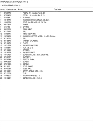 Ссылка Номер детали Кол-во Описание
PUMA 210 CASE IH TRACTOR (1/07- )
1.95.0(01) BRAKE PEDALS
1 87328173 1 PEDAL, RH, Includes Ref. 3, 23
2 87328466 1 PEDAL, LH, Includes Ref. 3, 23
3 5155548 4 BUSHING,
4 10615479 1 WASHER, LOCK, Ext Tooth, M6, Serr,
5 10902024 1 BOLT, Hex, M6 x 12, 8.8, Full Thd,
6 82022428 1 SHAFT,
7 5153180 2 SPRING,
8 83937363 1 RING, SNAP,
9 87325895 1 PIN,
10 11088171 1 RING, SNAP, M11,
11 10298460 2 WASHER, COPPER, M12.2 x 18 x 1.5, Copper,
12 87316560 2 PIN,
13 87315873 1 MASTER CYLINDER,
14 87316476 2 PLATE,
15 10571779 4 WASHER, LOCK, M8
16 16100811 4 NUT, M8, Cl 8,
17 87310426 1 SPACER,
18 10516679 4 WASHER, LOCK,
19 16043424 4 SCREW, Hex, M8 x 20, 8.8, Full Thd,
20 87378187 1 SUPPORT,
21 82026949 2 SWITCH, Brake
22 83963569 4 SCREW,
23 87801302 2 SCREW,
24 5121685 2 BOLT, BANJO,
25 87580283 1 TUBE, HYD,
26 82013031 1 STRAP, CABLE, M4.8 x 193,
27 87313304 1 CLIP,
28 14496501 1 WASHER, M8 x 16 x 1.6,
29 16043221 1 SCREW, Hex, M8 x 16, 8.8,
 
