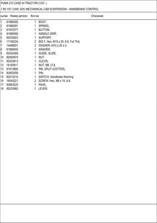 Ссылка Номер детали Кол-во Описание
PUMA 210 CASE IH TRACTOR (1/07- )
1.95.1/01 (VAR. 635) MECHANICAL CAB SUSPENSION - HANDBRAKE CONTROL
1 81866095 1 BOOT,
2 81866091 1 SPRING,
3 81870377 1 BUTTON,
4 81866090 1 HANDLE GRIP,
5 82033923 1 SUPPORT,
6 11106224 2 BOLT, Hex, M10 x 25, 8.8, Full Thd,
7 14496601 2 WASHER, M10 x 20 x 2,
8 81866092 1 WASHER,
9 82034369 1 GUIDE, SLIDE,
10 82000974 1 NUT,
11 82033913 1 CLEVIS,
12 16100811 1 NUT, M8, Cl 8,
13 81813880 1 PIN, SPLIT (COTTER),
14 83902558 1 PIN,
15 82015210 1 SWITCH, Handbrake Warning
16 16043221 2 SCREW, Hex, M8 x 16, 8.8,
17 82863025 1 PAWL,
18 82033982 1 LEVER,
 