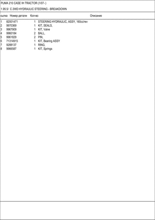 Ссылка Номер детали Кол-во Описание
PUMA 210 CASE IH TRACTOR (1/07- )
1.95.5/ C 2WD HYDRAULIC STEERING - BREAKDOWN
1 82001471 1 STEERING HYDRAULIC, ASSY, 160cc/rev
2 9970369 1 KIT, SEALS,
3 9967909 1 KIT, Valve
4 9960184 2 BALL,
5 9961829 2 PIN,
6 71314915 1 KIT, Bearing ASSY
7 9288137 1 RING,
8 9966587 1 KIT, Springs
 