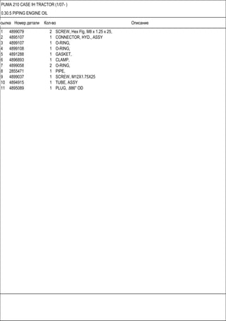 Ссылка Номер детали Кол-во Описание
PUMA 210 CASE IH TRACTOR (1/07- )
0.30.5 PIPING ENGINE OIL
1 4899079 2 SCREW, Hex Flg, M8 x 1.25 x 25,
2 4895107 1 CONNECTOR, HYD., ASSY
3 4899107 1 O-RING,
4 4899108 1 O-RING,
5 4891288 1 GASKET,
6 4896893 1 CLAMP,
7 4899058 2 O-RING,
8 2855471 1 PIPE,
9 4899037 1 SCREW, M12X1.75X25
10 4894915 1 TUBE, ASSY
11 4895089 1 PLUG, .886" OD
 