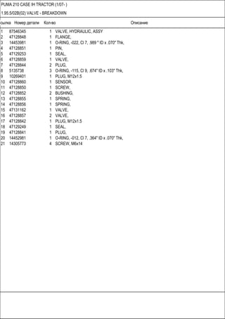 Ссылка Номер детали Кол-во Описание
PUMA 210 CASE IH TRACTOR (1/07- )
1.95.5/02B(02) VALVE - BREAKDOWN
1 87546345 1 VALVE, HYDRAULIC, ASSY
2 47128848 1 FLANGE,
3 14453981 1 O-RING, -022, Cl 7, .989 " ID x .070" Thk,
4 47128851 1 PIN,
5 47129253 1 SEAL,
6 47128859 1 VALVE,
7 47128844 2 PLUG,
8 5135738 3 O-RING, -115, Cl 9, .674" ID x .103" Thk,
9 10269401 1 PLUG, M12x1.5
10 47128860 1 SENSOR,
11 47128850 1 SCREW,
12 47128852 2 BUSHING,
13 47128855 1 SPRING,
14 47128856 1 SPRING,
15 47131162 1 VALVE,
16 47128857 2 VALVE,
17 47128842 1 PLUG, M12x1.5
18 47129249 1 SEAL,
19 47128841 1 PLUG,
20 14452981 1 O-RING, -012, Cl 7, .364" ID x .070" Thk,
21 14305773 4 SCREW, M6x14
 