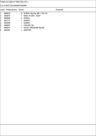 Ссылка Номер детали Кол-во Описание
PUMA 210 CASE IH TRACTOR (1/07- )
0.31.5 HEAT EXCHANGER ENGINE
1 4899019 13 SCREW, Hex Flg, M8 x 1.25 x 35,
2 2830672 1 HEAD, FILTER, - ASSY
3 4895609 2 SCREW,
4 2831317 1 GASKET,
5 2830559 1 GASKET,
6 4896407 1 COOLER, OIL,
7 4896410 1 VALVE, PRESSURE RELIEF,
8 4893391 1 ADAPTER,
 