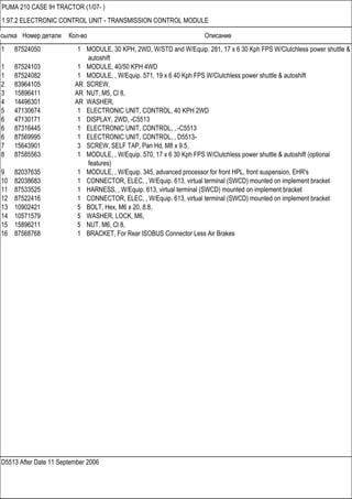 Ссылка Номер детали Кол-во Описание
D5513 After Date 11 September 2006
PUMA 210 CASE IH TRACTOR (1/07- )
1.97.2 ELECTRONIC CONTROL UNIT - TRANSMISSION CONTROL MODULE
1 87524050 1 MODULE, 30 KPH, 2WD, W/STD and W/Equip. 281, 17 x 6 30 Kph FPS W/Clutchless power shuttle &
autoshift
1 87524103 1 MODULE, 40/50 KPH 4WD
1 87524082 1 MODULE, , W/Equip. 571, 19 x 6 40 Kph FPS W/Clutchless power shuttle & autoshift
2 83964105 AR SCREW,
3 15896411 AR NUT, M5, Cl 8,
4 14496301 AR WASHER,
5 47130674 1 ELECTRONIC UNIT, CONTROL, 40 KPH 2WD
6 47130171 1 DISPLAY, 2WD, -C5513
6 87316445 1 ELECTRONIC UNIT, CONTROL, , -C5513
6 87569995 1 ELECTRONIC UNIT, CONTROL, , D5513-
7 15643901 3 SCREW, SELF TAP, Pan Hd, M8 x 9.5,
8 87585563 1 MODULE, , W/Equip. 570, 17 x 6 30 Kph FPS W/Clutchless power shuttle & autoshift (optional
features)
9 82037635 1 MODULE, , W/Equip. 345, advanced processor for front HPL, front suspension, EHR's
10 82038683 1 CONNECTOR, ELEC, , W/Equip. 613, virtual terminal (SWCD) mounted on implement bracket
11 87533525 1 HARNESS, , W/Equip. 613, virtual terminal (SWCD) mounted on implement bracket
12 87522416 1 CONNECTOR, ELEC, , W/Equip. 613, virtual terminal (SWCD) mounted on implement bracket
13 10902421 5 BOLT, Hex, M6 x 20, 8.8,
14 10571579 5 WASHER, LOCK, M6,
15 15896211 5 NUT, M6, Cl 8,
16 87568768 1 BRACKET, For Rear ISOBUS Connector Less Air Brakes
 