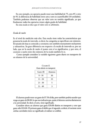 ¿POR QUÉ SE ESTUDIA ESTADÍSTICA?
En este ejemplo, un operario puede tener una habilidad de 75, otro 85 y otro
de 95, la diferencia de habilidad entre uno y otro es cuantificable (10 unidades).
También podemos observar que un valor cero no tendría significado, ya que
finalmente todos los operarios tienen algún grado de habilidad.
En esta escala se dice que el valor cero es arbitrario.
Escala de razón
Es el nivel de medición más alto. Esta escala tiene todas las características que
presenta la escala de intervalo, es decir, las categorías se especifican con números.
El tamaño de éstas es conocido y constante; son también mutuamente excluyentes
y exhaustivas. Su gran diferencia con respecto a la escala de intervalo es, por un
lado, que en la escala de razón el punto cero sí es significativo, y por otro, el
cociente o razón entre dos números de la escala también lo es.
Como ejemplo considere la variable siguiente: gasto diario en transporte de
un alumno de la universidad.
CUADRO E
Gasto diario en transporte
Gasto ($) Alumnos
0-10 30
11 -20 25
21 - 30 5
31 - 40 3
El alumno puede tener un gasto de $7.50 al día, pero también podría suceder que
tenga un gasto de $0.00, lo que nos indicaría que, quizá, el alumno camina diariamente
a la universidad. Es decir, el cero, tiene significado.
Considere ahora un alumno que gasta $20.00 diarios en transporte y otro que
gasta sólo $10.00. El primero gasta el doble que el segundo, es decir, el cociente entre
ambas cantidades tiene un significado al realizar un análisis.
27
 