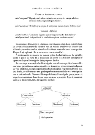 ¿POR QUÉ SE ESTUDIA ESTADÍSTICA.?
VARIABLE = AUSENTISMO LABORAL
Nivel conceptual: "El grado en el cual un trabajador no se reportó a trabajar a la hora
en la que estaba programado para hacerlo".
Nivel operacional: "Revisión de las tarjetas de asistencia al trabajo durante el último mes".
VARIABLE = GÉNERO
Nivel conceptual: "Condición orgánica que distingue al macho de la hembra".
Nivel operacional: "Asignación de la condición orgánica: hombre o mujer".
Con estas dos definiciones el estudiante o investigador estará ahora en posibilidad
de acotar adecuadamente las variables para un manejo estadístico de acuerdo con
el interés que se tiene en ellas, así sea la realización de un estudio o una investigación.
Un par de ejemplos de ello, se mostraron con anterioridad.
A continuación se muestra de manera gráfica la clasificación de las variables
desde el punto de vista de la estadística, así como la definición conceptual y
operacional que el investigador debe proponer de ellas.
En esta etapa, se recomienda al investigador o estudiante especificar las variables
que habrá que utilizar en su investigación, no únicamente por su tipo desde el punto
de vista estadístico, sino principalmente definir conceptual y operacionalmente cada
una de ellas, de tal forma que éstas queden perfectamente detalladas en la investigación
que se está realizando. Con esto último ya definido, el investigador puede pasar a la
etapa de recolección de datos, lo que posteriormente le permitirá llegar al proceso de
datos y su descripción, tema del siguiente capítulo.
VARIABLES
Cuantitativas
Discretas Continuas
Cualitativas
Nominales
Nivel conceptual
Nivel operativo
Ordinales
23
 
