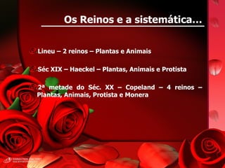 Os Reinos e a sistemática… Lineu – 2 reinos – Plantas e Animais Séc XIX – Haeckel – Plantas, Animais e Protista 2ª metade do Séc. XX – Copeland – 4 reinos – Plantas, Animais, Protista e Monera 
