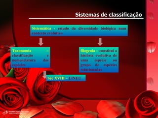 Sistemas de classificação Sistemática -  estudo da diversidade biológica num contexto evolutivo Taxonomia –  classificação e nomenclatura das espécies filogenia –  constitui a história evolutiva de uma espécie ou grupo de espécies relacionadas Séc XVIII –  LINEU 