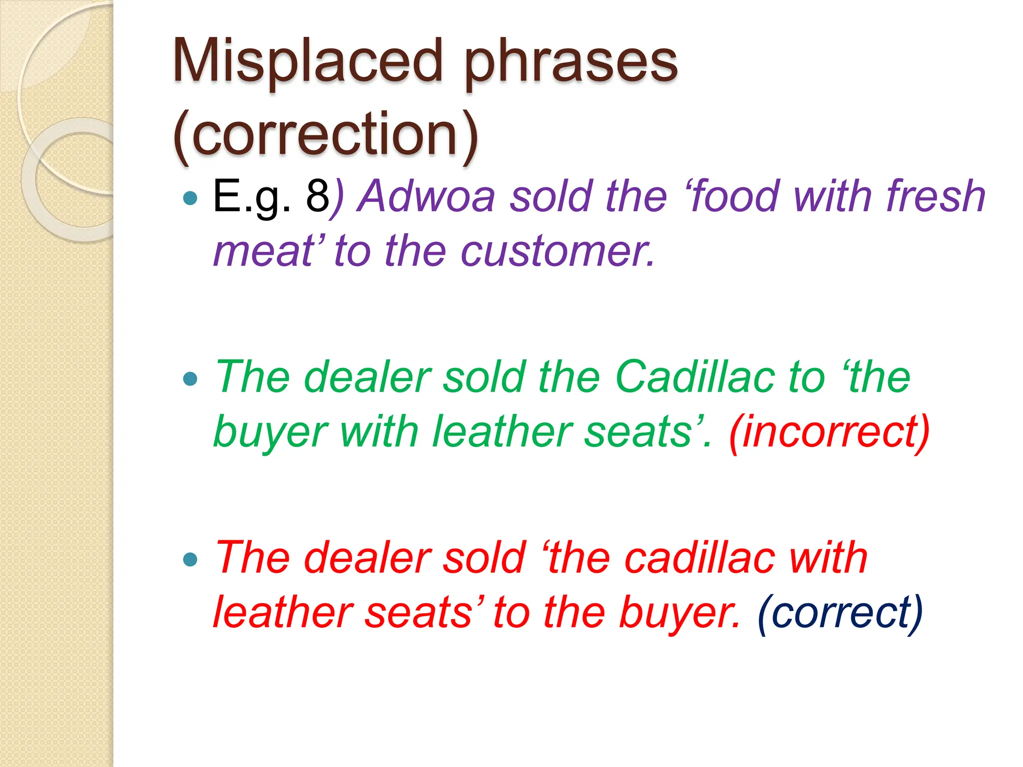 Misplaced phrases
(correction)
 E.g. 8) Adwoa sold the ‘food with fresh
meat’ to the customer.
 The dealer sold the Cadillac to ‘the
buyer with leather seats’. (incorrect)
 The dealer sold ‘the cadillac with
leather seats’ to the buyer. (correct)
 