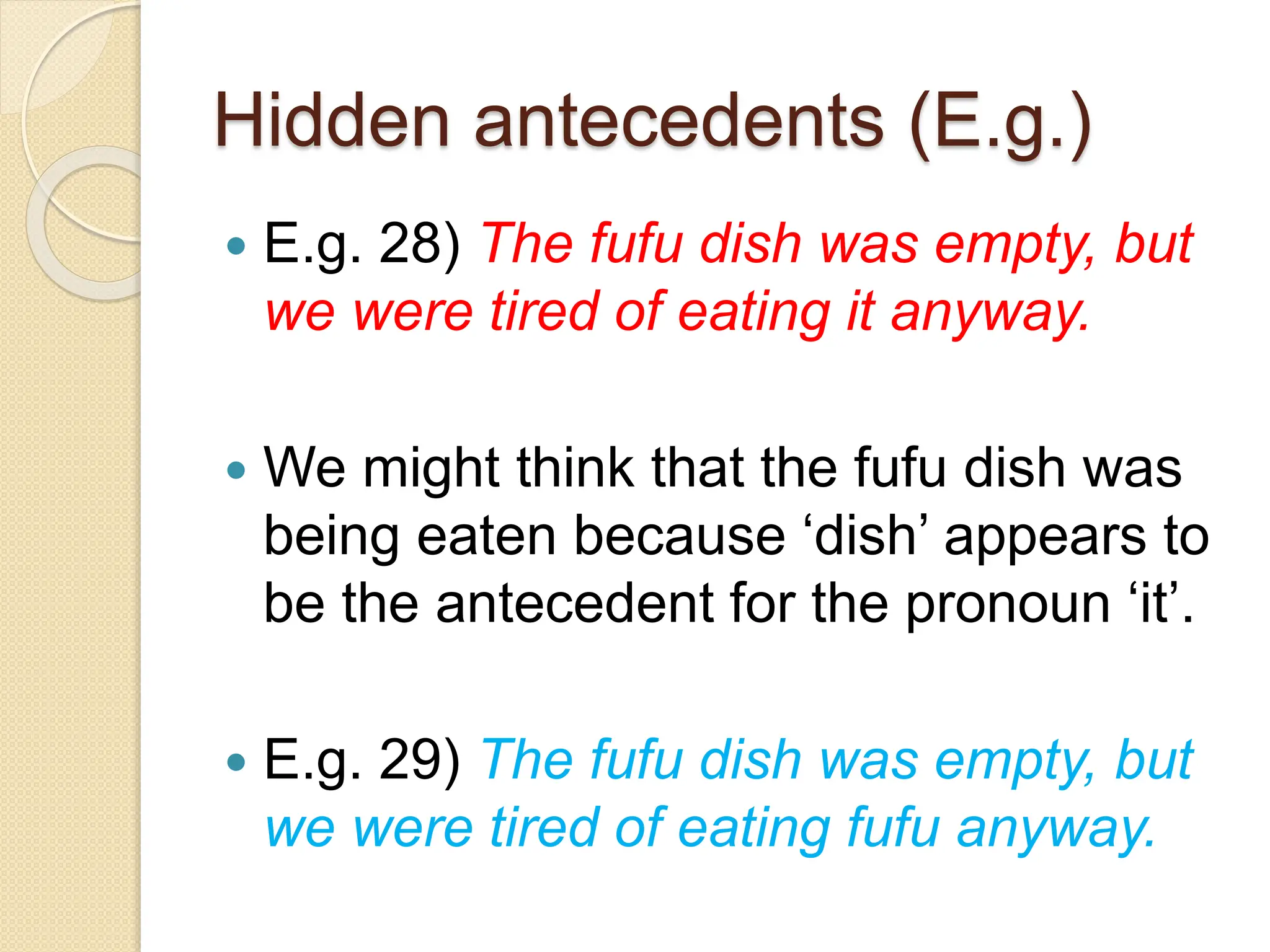 Hidden antecedents (E.g.)
 E.g. 28) The fufu dish was empty, but
we were tired of eating it anyway.
 We might think that the fufu dish was
being eaten because ‘dish’ appears to
be the antecedent for the pronoun ‘it’.
 E.g. 29) The fufu dish was empty, but
we were tired of eating fufu anyway.
 