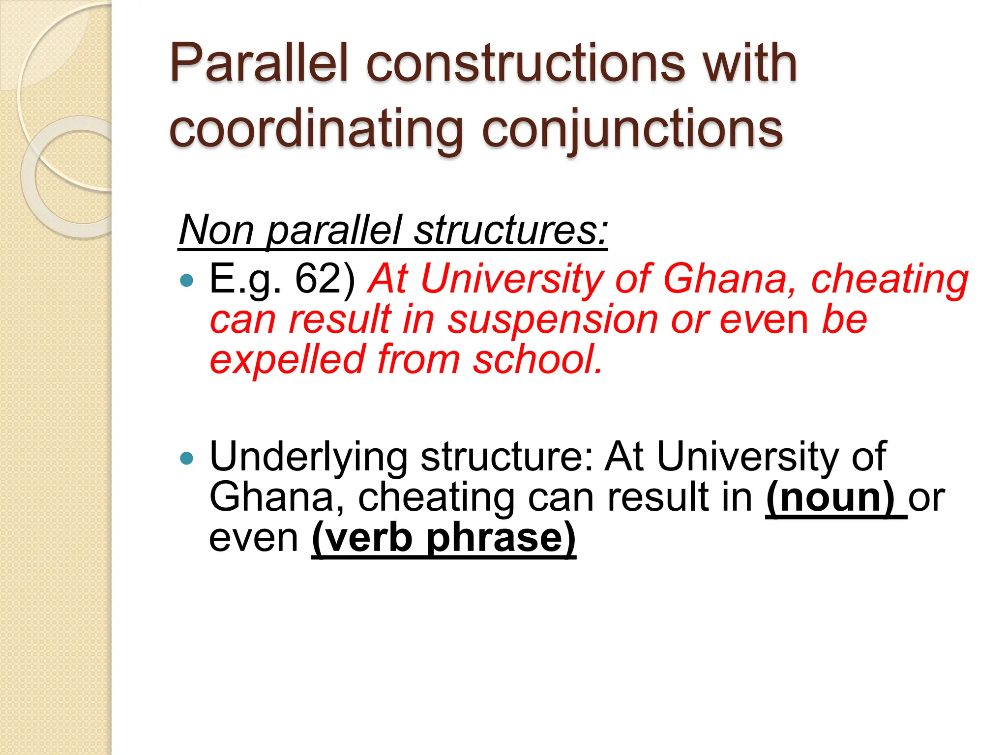 Parallel constructions with
coordinating conjunctions
Non parallel structures:
 E.g. 62) At University of Ghana, cheating
can result in suspension or even be
expelled from school.
 Underlying structure: At University of
Ghana, cheating can result in (noun) or
even (verb phrase)
 