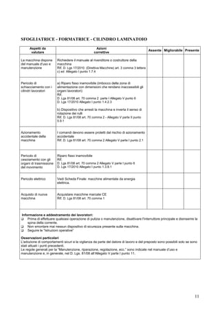 11
SFOGLIATRICE - FORMATRICE - CILINDRO LAMINATOIO
Aspetti da
valutare
Azioni
correttive
Assente Migliorabile Presente
La macchina dispone
del manuale d'uso e
manutenzione
Richiedere il manuale al rivenditore o costruttore della
macchina
Rif. D. Lgs 17/2010 (Direttiva Macchine) art. 3 comma 3 lettera
c) ed Allegato I punto 1.7.4
Pericolo di
schiacciamento con i
cilindri lavoratori
a) Riparo fisso inamovibile (imbocco della zona di
alimentazione con dimensioni che rendano inaccessibili gli
organi lavoratori)
Rif.
D. Lgs 81/08 art. 70 comma 2 parte I Allegato V punto 6
D. Lgs 17/2010 Allegato I punto 1.4.2.3
b) Dispositivo che arresti la macchina e inverta il senso di
rotazione dei rulli
Rif. D. Lgs 81/08 art. 70 comma 2 - Allegato V parte II punto
5.9.1
Azionamento
accidentale della
macchina
I comandi devono essere protetti dal rischio di azionamento
accidentale
Rif. D. Lgs 81/08 art. 70 comma 2 Allegato V parte I punto 2.1
Pericolo di
cesoiamento con gli
organi di trasmissione
del movimento
Riparo fisso inamovibile
Rif.
D. Lgs 81/08 art. 70 comma 2 Allegato V parte I punto 6
D. Lgs 17/2010 Allegato I punto 1.3.8.1
Pericolo elettrico Vedi Scheda Finale: macchine alimentate da energia
elettrica.
Acquisto di nuova
macchina
Acquistare macchine marcate CE
Rif. D. Lgs 81/08 art. 70 comma 1
Informazione e addestramento dei lavoratori:
Prima di effettuare qualsiasi operazione di pulizia o manutenzione, disattivare l'interruttore principale e disinserire la
spina della corrente.
Non smontare mai nessun dispositivo di sicurezza presente sulla macchina.
Seguire le “Istruzioni operative”
Osservazioni particolari
L'adozione di comportamenti sicuri e la vigilanza da parte del datore di lavoro e del preposto sono possibili solo se sono
stati attuati i punti precedenti.
Le regole generali per la “Manutenzione, riparazione, regolazione, ecc.” sono indicate nel manuale d’uso e
manutenzione e, in generale, nel D. Lgs. 81/08 all’Allegato V parte I punto 11.
 