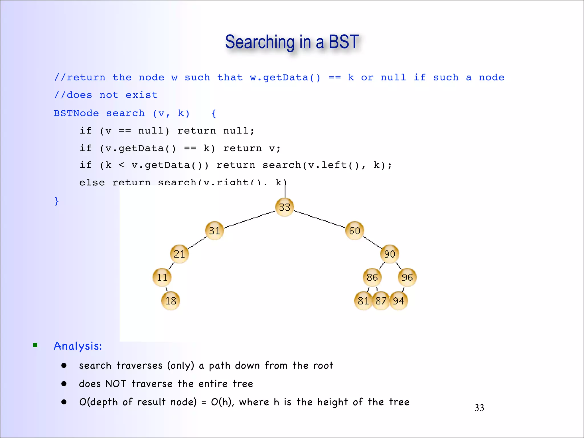 Searching in a BST
//return the node w such that w.getData() == k or null if such a node
//does not exist
BSTNode search (v, k) {
if (v == null) return null;
if (v.getData() == k) return v;
if (k < v.getData()) return search(v.left(), k);
else return search(v.right(), k)
}
 Analysis:
• search traverses (only) a path down from the root
• does NOT traverse the entire tree
• O(depth of result node) = O(h), where h is the height of the tree
33
 