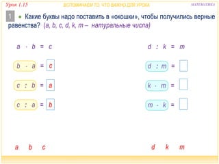 Урок 1.15 МАТЕМАТИКА 
 Какие буквы надо поставить в «окошки», чтобы получились верные 
равенства? 
b  a = 
c : b = 
c : a = 
a b 
1 
ВСПОМИНАЕМ ТО, ЧТО ВАЖНО ДЛЯ УРОКА 
(a, b, c, d, k, m – натуральные числа) 
a  b = c 
c 
c 
a 
b 
d : k = m 
d : m = 
k  m = 
m  k = 
c 
k 
d 
d 
d k m 
 