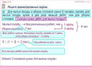 МАТЕМАТИКА 4 классУрок 1.4
а) Для мытья посуды и уборки столовой нужно 6 человек, причём для
мытья посуды нужно в два раза меньше ребят, чем для уборки
столовой. Сколько нужно ребят для мытья посуды?
Решите взаимосвязанные задачи.6
Мытьё посуды –
Уборка столовой –
6 чел.
в два раза меньше ребят, чем
? чел.
Всех ребят, нужных для мытья посуды, примем за 1 часть,
а для уборки столовой – 2 части.
6 : (1 + 2) = 2 (чел.)
Ответ: 2 человека нужно для мытья посуды.
1 часть
2 часть
Приходятся на одну часть.
Или столько ребят нужно для мытья посуды.
 