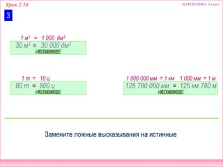 Урок 2.18 МАТЕМАТИКА 4 класс
3
30 м3 > 30 000 дм3
80 т > 800 ц
1 м3 = 1 000 дм3
1 т = 10 ц 1 000 000 мм = 1 км 1 000 мм = 1 м
Замените ложные высказывания на истинные
=
ЛОЖНОЕ
=
ЛОЖНОЕ
125 780 000 мм > 125 км 780 м=
ЛОЖНОЕ
ИСТИННОЕ
ИСТИННОЕ ИСТИННОЕ
 