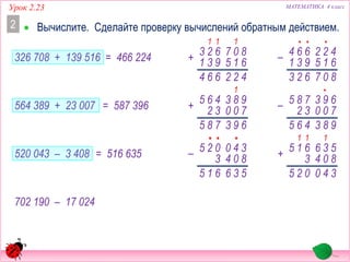 326 708 + 139 516
564 389 + 23 007
520 043 – 3 408
702 190 – 17 024
МАТЕМАТИКА 4 классУрок 2.23
 Вычислите. Сделайте проверку вычислений обратным действием.2
•
536
34
8
0
04
02
3
5–
615 340
1
53
8
6
+ 04
61
3
5
025
•• 11
= 516 635
422
1
80
6
7
+ 15
62
9
3
31
664
11 ••
807
42
6
2
15
66
9
4– 31
623
•
693
1
98
7
3
+ 00
46
3
5
2
785
•
983
69
7
3
00
78
3
5– 2
465
= 587 396
= 466 224
 