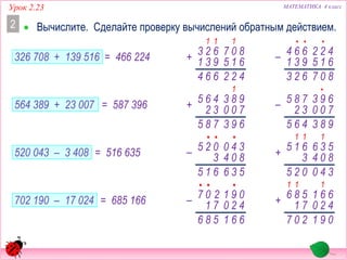 326 708 + 139 516
564 389 + 23 007
520 043 – 3 408
702 190 – 17 024
МАТЕМАТИКА 4 классУрок 2.23
 Вычислите. Сделайте проверку вычислений обратным действием.2
•
661
09
4
1
20
20
7
7– 1
586 091
1
66
4
1
+ 20
58
7
6
1
207
•• 11
= 685 166
•
536
34
8
0
04
02
3
5–
615 340
1
53
8
6
+ 04
61
3
5
025
•• 11
= 516 635
422
1
80
6
7
+ 15
62
9
3
31
664
11 ••
807
42
6
2
15
66
9
4– 31
623
•
693
1
98
7
3
+ 00
46
3
5
2
785
•
983
69
7
3
00
78
3
5– 2
465
= 587 396
= 466 224
 