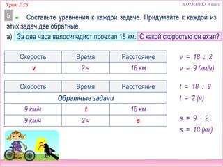 МАТЕМАТИКА 4 классУрок 2.23
Скорость Время Расстояние
а) За два часа велосипедист проехал 18 км. С какой скоростью он ехал?
 Составьте уравнения к каждой задаче. Придумайте к каждой из
этих задач две обратные.
5
Скорость Время Расстояние
Обратные задачи
18 км2 ч
9 км/ч 18 км
9 км/ч s2 ч
v
v = 18 : 2
v = 9 (км/ч)
t = 18 : 9
t = 2 (ч)
s = 9 ∙ 2
s = 18 (км)
t
 