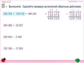 МАТЕМАТИКА 4 классУрок 2.23
326 708 + 139 516
 Вычислите. Сделайте проверку вычислений обратным действием.2
564 389 + 23 007
520 043 – 3 408
702 190 – 17 024
422
1
80
6
7
+ 15
62
9
3
31
664
11 ••
807
42
6
2
15
66
9
4– 31
623
= 466 224
•
 