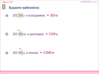 МАТЕМАТИКА 4 классУрок 2.25
203 396 г в килограммах
Выразите приближённо:7
а)
203 396 кг в центнерахб)
в) 203 396 ц в тоннах
≈ 203 кг
≈ 2 034 ц
≈ 2 0340 т
+1
+1
 