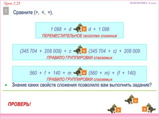 Урок 2.25 МАТЕМАТИКА 4 класс
Сравните (>, <, =).1
1 098 + d  d + 1 098
(345 704 + 208 009) + c  (345 704 + c) + 208 009
560 + f + 140 + m  (560 + m) + (f + 140)
 Знание каких свойств сложения позволило вам выполнить задание?
ПЕРЕМЕСТИТЕЛЬНОЕ свойство сложения
ПРАВИЛО ГРУППИРОВКИ слагаемых
ПРОВЕРЬ!
ПРАВИЛО ГРУППИРОВКИ слагаемых
 