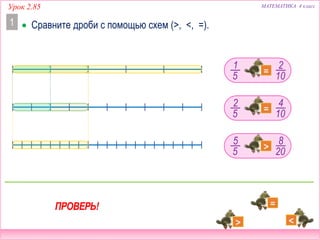 Урок 2.85 МАТЕМАТИКА 4 класс
1
5
2
10
2
5
4
10
5
5
8
20
ПРОВЕРЬ!
 Сравните дроби с помощью схем (>, <, =).1
 