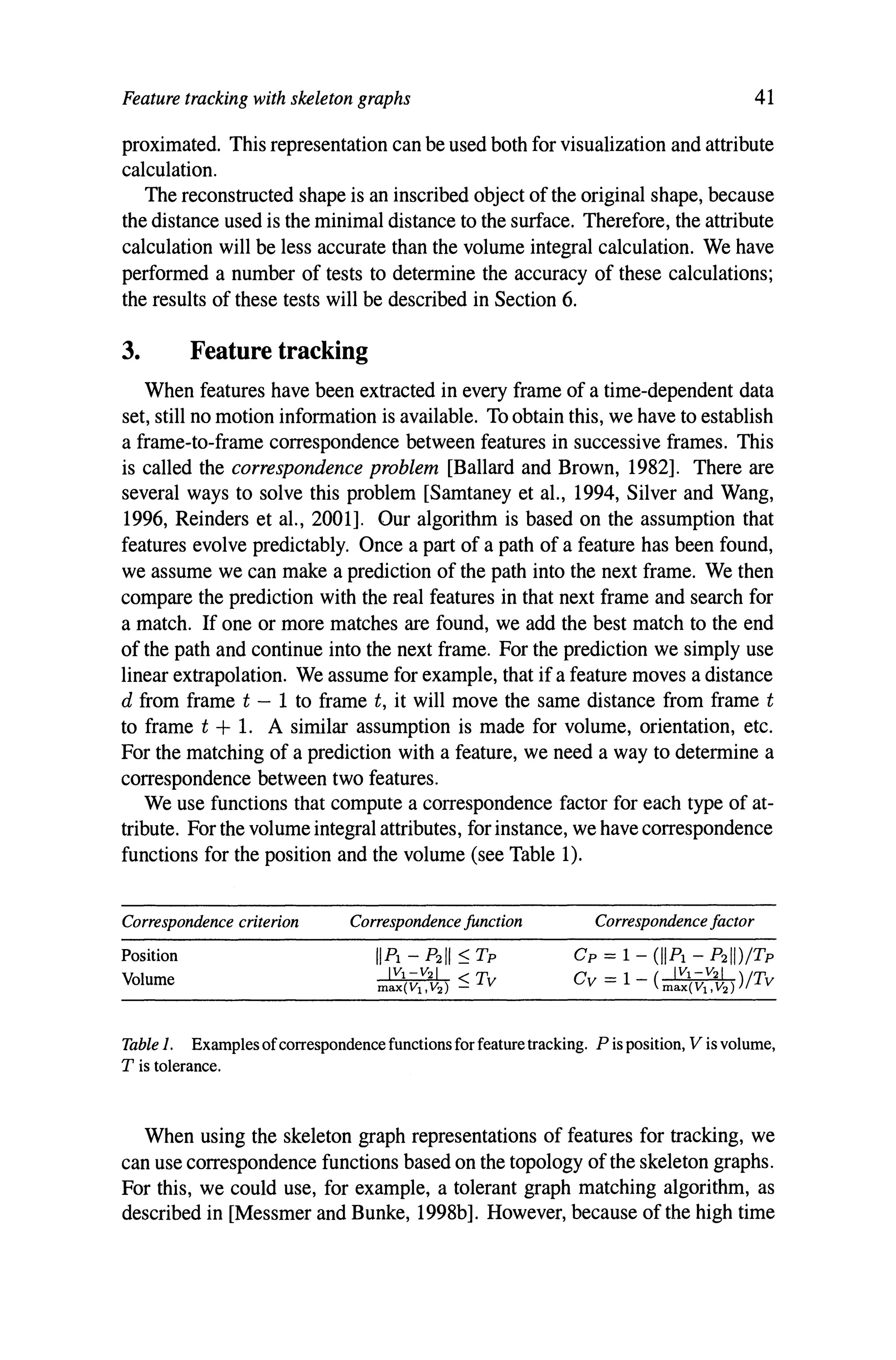 Feature tracking with skeleton graphs 41
proximated. This representation can be used both for visualization and attribute
calculation.
The reconstructed shape is an inscribed object of the original shape, because
the distance used is the minimal distance to the surface. Therefore, the attribute
calculation will be less accurate than the volume integral calculation. We have
performed a number of tests to determine the accuracy of these calculations;
the results of these tests will be described in Section 6.
3. Feature tracking
When features have been extracted in every frame of a time-dependent data
set, still no motion information is available. To obtain this, we have to establish
a frame-to-frame correspondence between features in successive frames. This
is called the correspondence problem [Ballard and Brown, 1982]. There are
several ways to solve this problem [Samtaney et aI., 1994, Silver and Wang,
1996, Reinders et aI., 2001]. Our algorithm is based on the assumption that
features evolve predictably. Once a part of a path of a feature has been found,
we assume we can make a prediction of the path into the next frame. We then
compare the prediction with the real features in that next frame and search for
a match. If one or more matches are found, we add the best match to the end
of the path and continue into the next frame. For the prediction we simply use
linear extrapolation. We assume for example, that if a feature moves a distance
d from frame t - 1 to frame t, it will move the same distance from frame t
to frame t + 1. A similar assumption is made for volume, orientation, etc.
For the matching of a prediction with a feature, we need a way to determine a
correspondence between two features.
We use functions that compute a correspondence factor for each type of at-
tribute. For the volume integral attributes, for instance, we have correspondence
functions for the position and the volume (see Table 1).
Correspondence criterion
Position
Volume
Correspondence Junction Correspondence Jactor
Table 1. Examples ofcorrespondence functions for feature tracking. P is position, V is volume,
T is tolerance.
When using the skeleton graph representations of features for tracking, we
can use correspondence functions based on the topology ofthe skeleton graphs.
For this, we could use, for example, a tolerant graph matching algorithm, as
described in [Messmer and Bunke, 1998b]. However, because of the high time
 