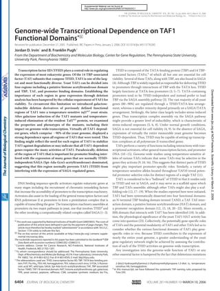 Genome-wide Transcriptional Dependence on TAF1
Functional Domains*□S
Received for publication,December 27, 2005 Published, JBC Papers in Press,January 2, 2006, DOI 10.1074/jbc.M513776200
Jordan D. Irvin1
and B. Franklin Pugh2
From the Department of Biochemistry and Molecular Biology, Center for Gene Regulation, The Pennsylvania State University,
University Park, Pennsylvania 16802
Transcription factor IID (TFIID) plays a central role in regulating
the expression of most eukaryotic genes. Of the 14 TBP-associated
factor (TAF) subunits that compose TFIID, TAF1 is one of the larg-
est and most functionally diverse. Yeast TAF1 can be divided into
four regions including a putative histone acetyltransferase domain
and TBP, TAF, and promoter binding domains. Establishing the
importance of each region in gene expression through deletion
analysis has been hampered by the cellular requirement of TAF1 for
viability. To circumvent this limitation we introduced galactose-
inducible deletion derivatives of previously defined functional
regions of TAF1 into a temperature-sensitive taf1ts2
yeast strain.
After galactose induction of the TAF1 mutants and temperature-
induced elimination of the resident Taf1ts2
protein, we examined
the properties and phenotypes of the mutants, including their
impact on genome-wide transcription. Virtually all TAF1-depend-
ent genes, which comprise ϳ90% of the yeast genome, displayed a
strong dependence upon all regions of TAF1 that were tested. This
finding might reflect the need for each region of TAF1 to stabilize
TAF1 against degradation or may indicate that all TAF1-dependent
genes require the many activities of TAF1. Paradoxically, deletion
of the region of TAF1 that is important for promoter binding inter-
fered with the expression of many genes that are normally TFIID-
independent/SAGA (Spt-Ada-Gcn5-acetyltransferase)-dominated,
suggesting that this region normally prevents TAF1 (TFIID) from
interfering with the expression of SAGA-regulated genes.
DNA binding sequence-specific activators regulate eukaryotic genes at
many stages including the recruitment of chromatin remodeling factors
that increase the accessibility of promoters to the transcription machinery.
Activators also assist in the loading of the general transcription factors and
RNA polymerase II at promoters to form a preinitiation complex that is
capable of transcribing the gene. The transcription machinery assembles at
promoters via two major pathways in yeast, one that involves TFIID3
and
the other involving a compositionally related complex called SAGA (1–3).
TFIID is composed of the TATA-binding protein (TBP) and 14 TBP-
associated factors (TAFs),4
of which all but one are essential for cell
viability. Several of these TAFs, along with TBP, are also found in SAGA
(4). Although TBP is widely regarded as responsible for delivering TFIID
to promoters through interactions of TBP with the TATA box, TFIID
largely functions at TATA-less promoters (3, 5–7). TATA-containing
promoters tend to be TFIID-independent and instead prefer to load
TBP via the SAGA assembly pathway (3). The vast majority of all yeast
genes (80–90%) are regulated through a TFIID/TATA-less arrange-
ment, whereas a smaller minority depend primarily on a SAGA/TATA
arrangement. Strikingly, the latter class largely includes stress-induced
genes. Thus transcription complex assembly via the SAGA pathway
might provide a greater level of inducibility, which is characteristic of
stress-induced responses (3, 6, 8). Under normal growth conditions,
SAGA is not essential for cell viability (4, 9). In the absence of SAGA,
expression of virtually the entire measurable yeast genome becomes
TFIID-dependent. Thus, TFIID may be capable of setting up transcrip-
tion complexes at all polymerase II-transcribed genes.
TAFs perform a variety of functions including interactions with tran-
scriptional activators, other general transcription factors, and promoter
DNA (10–15). Genome-wide studies using temperature-sensitive al-
leles of various TAFs indicate that some TAFs may be selective in the
genes they activate (9, 10, 16). This suggests that distinct parts of TFIID
might play important promoter-specific roles. Similarly, a variety of
temperature-sensitive alleles located throughout TAF10 reveal poten-
tial promoter-selective roles for distinct regions of a single TAF (11).
TAF1 is considered to be a “hallmark” of TFIID in that it resides only
in TFIID and not in SAGA, and it may serve as a scaffold upon which
TBP and TAFs assemble, although other TAFs might also play a scaf-
folding role (12, 17–19). When the studies reported here were initiated,
TAF1 had been systematically dissected into four functional domains:
an N-terminal TBP-binding domain termed TAND, a TAF-TAF inter-
action domain, a putative histone acetyltransferase (HAT) domain, and
a promoter recognition domain (12, 15, 18, 20–22). More recently, a
fifth domain that interacts with TAF7 has been identified (18). In addi-
tion, the physiological significance of the yeast TAF1 HAT activity has
come into question (23). Collectively, the potentially gene-specific roles
of TAFs and the potential modularity of TAF1 and other TAFs led us to
consider whether the various functional domains of TAF1 play gene-
specific roles in vivo. Because TFIID contributes to the expression of
nearly the entire yeast genome, a greater understanding of the yeast
gene regulatory network might be achieved by assessing the contribu-
tion of each of the TFIID activities on genome-wide transcription.
Any investigation into the genome-wide function of TAF1 or any
other essential factor is hampered by the fact that deleterious mutations
* This workwassupportedby NationalInstitutesofHealthGrantGM059055.Thecostsof
publication of this article were defrayed in part by the payment of page charges. This
article must therefore be hereby marked “advertisement” in accordance with 18 U.S.C.
Section 1734 solely to indicate this fact.
□S
The on-line version of this article (available at http://www.jbc.org) contains supple-
mental microarray data.
The nucleotide sequence(s) reported in this paper has been submitted to the GenBankTM/EBI
Data Bank with accession number(s) GSM65302–GSM65315.
1
Current address: Center for Cancer Research, NCI-Frederick, National Institutes of
Health, Frederick, MD 21702-1201.
2
To whom correspondence should be addressed: The Pennsylvania State University,
Dept. of Biochemistry and Molecular Biology, 452 N. Frear Laboratory, University Park,
PA 16802. Tel.: 814-863-8252; Fax: 814-863-8595; E-mail: bfp2@psu.edu.
3
The abbreviations used are: TFIID, transcription factor IID; TBP, TATA box-binding pro-
tein; FHT, Flu-His6-TEV; HA, hemagglutinin; TEV, tobacco etch virus; 5-FOA, 5-fluoroo-
rotic acid; WT, wild type; SAGA, Spt-Ada-Gcn5-acetyltransferase; TAF, TBP-associated
factor; TAND, TAF1 N-terminal domain; HAT, histone acetyltransferase; gal, galactose;
YPR, yeast extract, peptone, raffinose; CSM, complete synthetic medium; bis-Tris,
2-[bis(2-hydroxyethyl)amino]-2-(hydroxymethyl)propane-1,3-diol; ts, temperature-
sensitive; HA, hemagglutinin.
4
In this manuscript, we have followed the systematic TAF naming rules proposed by
Tora (39).
THE JOURNAL OF BIOLOGICAL CHEMISTRY VOL. 281, NO. 10, pp. 6404–6412, March 10, 2006
© 2006 by The American Society for Biochemistry and Molecular Biology, Inc. Printed in the U.S.A.
6404 JOURNAL OF BIOLOGICAL CHEMISTRY VOLUME 281•NUMBER 10•MARCH 10, 2006
atNCI-Frederick,ScientificLibraryonMarch2,2009www.jbc.orgDownloadedfrom
http://www.jbc.org/cgi/content/full/M513776200/DC1
Supplemental Material can be found at:
 