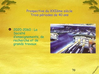 70
 2020-2060 : La
Société
d’enseignements, de
recherche et de
grands travaux
Prospective du XXIème siècle
Trois périodes de 40 ans
 