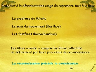 96
Le problème de Minsky
Le sens du mouvement (Berthoz)
Les fantômes (Ramachandran)
Les êtres vivants, y compris les êtres collectifs,
se définissent par leurs processus de reconnaissance
Remédier à la désorientation exige de reprendre tout à la base
La reconnaissance précède la connaissance
 