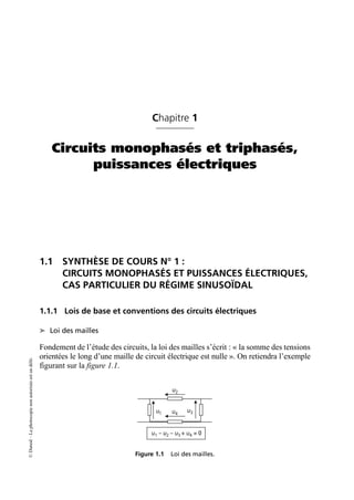 ©
Dunod
–
La
photocopie
non
autorisée
est
un
délit.
Chapitre 1
Circuits monophasés et triphasés,
puissances électriques
1.1 SYNTHÈSE DE COURS N° 1 :
CIRCUITS MONOPHASÉS ET PUISSANCES ÉLECTRIQUES,
CAS PARTICULIER DU RÉGIME SINUSOÏDAL
1.1.1 Lois de base et conventions des circuits électriques
➤ Loi des mailles
Fondement de l’étude des circuits, la loi des mailles s’écrit : « la somme des tensions
orientées le long d’une maille de circuit électrique est nulle ». On retiendra l’exemple
figurant sur la figure 1.1.
u1
u2
u3
u4
u1 – u2 – u3 + u4 = 0
Figure 1.1 Loi des mailles.
 