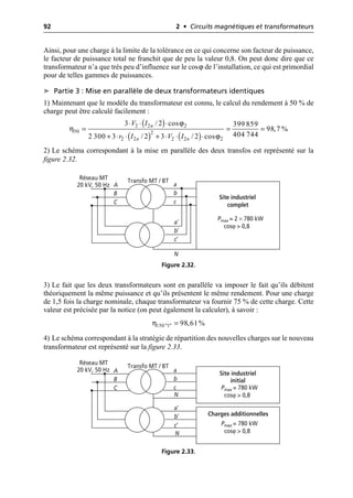 92 2 • Circuits magnétiques et transformateurs
Ainsi, pour une charge à la limite de la tolérance en ce qui concerne son facteur de puissance,
le facteur de puissance total ne franchit que de peu la valeur 0,8. On peut donc dire que ce
transformateur n’a que très peu d’influence sur le cosϕ de l’installation, ce qui est primordial
pour de telles gammes de puissances.
➤ Partie 3 : Mise en parallèle de deux transformateurs identiques
1) Maintenant que le modèle du transformateur est connu, le calcul du rendement à 50 % de
charge peut être calculé facilement :
2) Le schéma correspondant à la mise en parallèle des deux transfos est représenté sur la
figure 2.32.
3) Le fait que les deux transformateurs sont en parallèle va imposer le fait qu’ils débitent
théoriquement la même puissance et qu’ils présentent le même rendement. Pour une charge
de 1,5 fois la charge nominale, chaque transformateur va fournir 75 % de cette charge. Cette
valeur est précisée par la notice (on peut également la calculer), à savoir :
4) Le schéma correspondant à la stratégie de répartition des nouvelles charges sur le nouveau
transformateur est représenté sur la figure 2.33.
( )
( ) ( )
ϕ
η
ϕ
2 2 2
50 2
2 2 2 2 2
3 / 2 cos 399 859
98,7 %
404 744
2 300 3 / 2 3 / 2 cos
n
n n
V I
r I V I
◊ ◊ ◊
= = =
+ ◊ ◊ + ◊ ◊ ◊
Réseau MT
20 kV, 50 Hz
Transfo MT / BT
A
B
C
a
b
c
Site industriel
complet
Pmax = 2 × 780 kW
cosϕ > 0,8
N
a′
b′
c′
Figure 2.32.
η150 "1" 98,61%
=
Réseau MT
20 kV, 50 Hz
Transfo MT / BT
A
B
C
a
b
c
N
a′
b′
c′
Charges additionnelles
N
Site industriel
initial
Pmax = 780 kW
cosϕ > 0,8
Pmax = 780 kW
cosϕ > 0,8
Figure 2.33.
 
