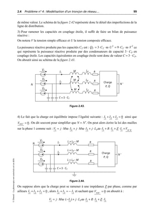 2.4 Problème n° 4 : Modélisation d’un tronçon de réseau… 99
©
Dunod
–
La
photocopie
non
autorisée
est
un
délit.
de même valeur. Le schéma de la figure 2.42 représente donc le détail des imperfections de la
ligne de distribution.
3) Pour ramener les capacités en couplage étoile, il suffit de faire un bilan de puissance
réactive :
On notera V la tension simple efficace et U la tension composée efficace.
La puissance réactive produite pas les capacités CT est : ce
qui représente la puissance réactive produite par des condensateurs de capacité 3 · CP en
couplage étoile. Les capacités équivalentes en couplage étoile sont donc de valeur C = 3 · CP.
On aboutit ainsi au schéma de la figure 2.43.
4) Le fait que la charge est équilibrée impose l’égalité suivante : ainsi que
. On dit souvent pour simplifier que N = N′. On peut alors écrire la loi des mailles
sur la phase 1 comme suit :
On suppose alors que la charge peut se ramener à une impédance Z par phase, comme par
ailleurs , alors et sachant que on aboutit à :
ω ω
2 2
3 9
T T T
Q C U C V
= ◊ ◊ ◊ = ◊ ◊ ◊
Charge
P, Q
N
R
R
R
M
M
M
C = 3 · CT
I1
I2
N ′
V1
V2
V3
LP
LP
LP
Figure 2.43.
1 2 3 0
I I I
+ + =
0
NN
V ¢ =
ω ω ω
1 2 3 1 1 1
P N N
V j M I j M I j L I R I Z I V ¢
= ◊ ◊ + ◊ ◊ + ◊ ◊ + ◊ + ◊ +
Charge
P, Q
N R
R
R
L = LP – M
L = LP – M
L = LP – M
C = 3 · CT
I1
I2
N ′
V1
V2
V3
Figure 2.44.
1 2 3 0
I I I
+ + = 2 3 1
I I I
+ = - 0
NN
V ¢
=
ω ω
1 1 1 1 1
( ) P
V j M I j L I R I Z I
= ◊ ◊ - + ◊ ◊ + ◊ + ◊
 
