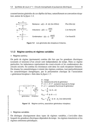 1.1 Synthèse de cours n° 1 : Circuits monophasés et puissances électriques 3
©
Dunod
–
La
photocopie
non
autorisée
est
un
délit.
courant/tension générales de ces dipôles de base, naturellement en convention récep-
teur, autour de la figure 1.4.
1.1.3 Régime continu et régimes variables
➤ Régime continu
On parle de régime (permanent) continu dès lors que les grandeurs électriques
(courants et tensions) d’un circuit sont indépendantes du temps. Dans ce régime
particulier, les inductances représentent des court-circuits et les condensateurs des
circuits ouverts. En continu les résistances sont donc les seuls récepteurs linéaires.
On résume les caractéristiques à retenir des régimes continus, tout particulièrement
les caractéristiques énergétiques, par la présentation classique de l’association
« générateur/récepteur » faite dans la figure 1.5.
➤ Régimes variables
On distingue classiquement deux types de régimes variables, c’est-à-dire dans
lesquels les grandeurs électriques dépendent du temps : les régimes transitoires et les
régimes entretenus périodiques.
R
L
C
i
i
i
u
u
u
Figure 1.4 Lois générales des récepteurs linéaires.
Résistance : (loi d’Ohm) R en Ohm (Ω)
( ) ( )
u t R i t
= ◊
Inductance : L en Henry (H)
d ( )
( )
d
i t
u t L
t
= ◊
Condensateur : C en Farad (F)
d ( )
( )
d
u t
i t C
t
= ◊
R
I
U
Rs
E
générateur récepteur
Figure 1.5 Régime continu, association générateur récepteur.
: charge
: résistance de sortie du générateur
: puissance reçue par la charge
: puissance fournie par le générateur
(si )
(si )
(si [non démontré])
R
s
R
²
P U I R I
= ⋅ = ⋅
P E I
= ⋅
max
s
E
I
R
= 0
R =
max
U E
= R = •
max
²
4 s
E
P
R
=
◊ s
R R
=
 
